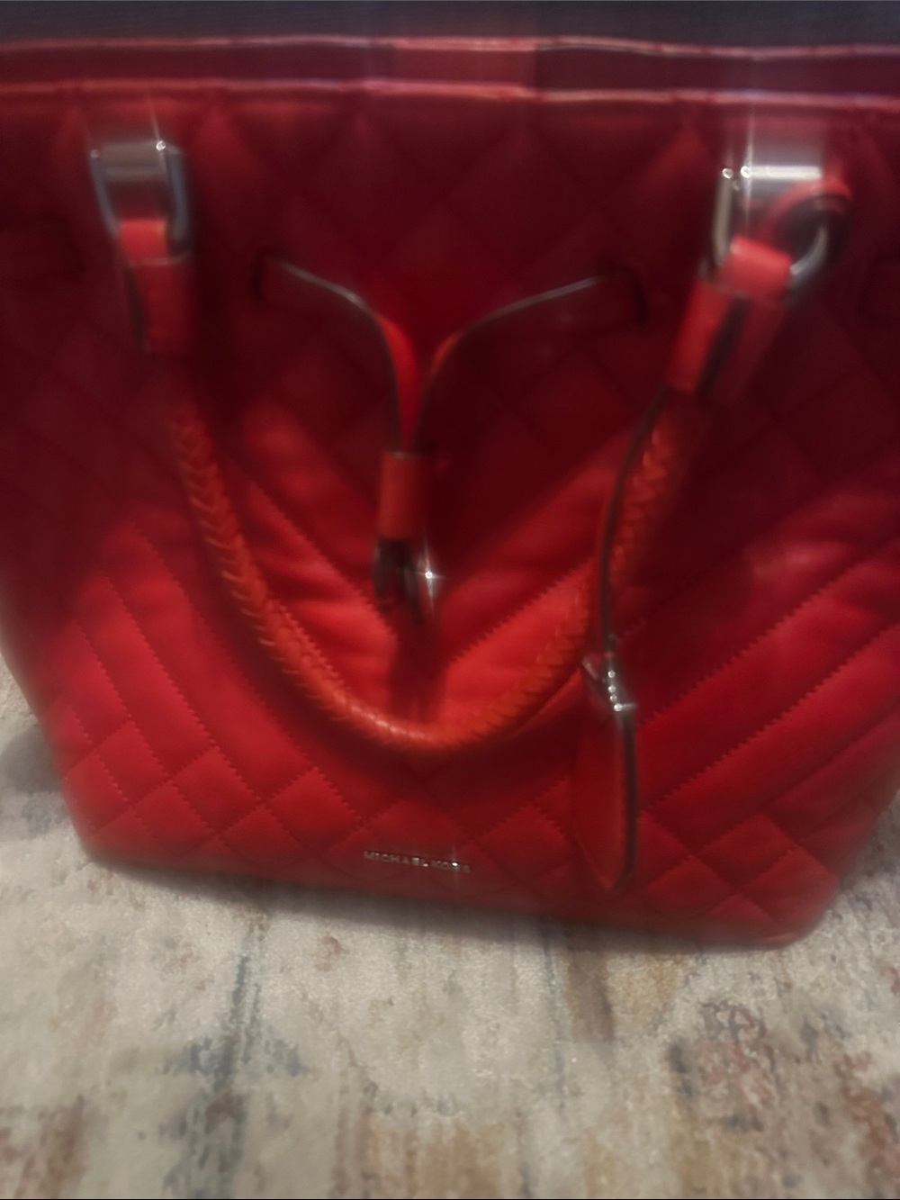 Michael Kors Quilted Red Leather Tote Bag with Braided Handles